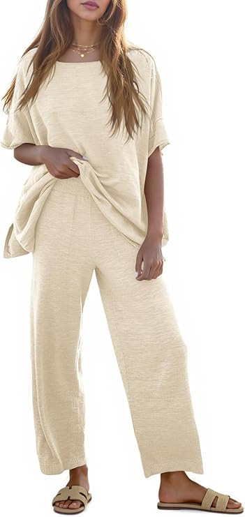 Tankaneo Women's 2 Piece Travel Outfits Casual Short Sleeve Knit Sweater Set Wide Leg Pants Loung... | Amazon (US)
