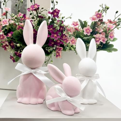WDS WONDROUS Easter Decorations Bunny Figurines Set of 3, Flocked Rabbit Statues with Bows, Pink & White Resin Spring Home Decor for Tabletop Shelf Mantel Farmhouse Easter Decor Gifts | Amazon (US)