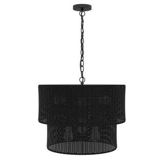 aiwen 22.44 in. 6-Light 2-Tier Black Large Woven Rattan Chandelier Boho Farmhouse Hanging Pendant... | The Home Depot