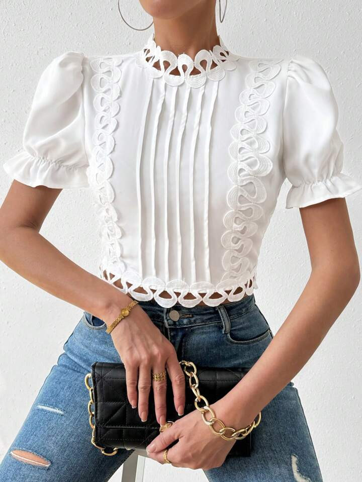SHEIN Privé Women'S Stand Collar Short Puff Sleeve Shirt | SHEIN