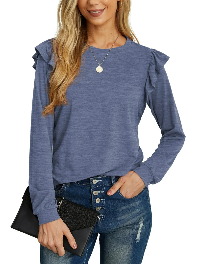 JWD Long Sleeve Shirts for Women Knit Tops Casual Crewneck Ruffle Tops Loose Fit Blue-Medium | Walmart (US)