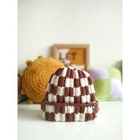 Crochet Beanie, Checkered Handmade Wool Hat For Winter, Brown & Cream Unisex | Etsy (US)