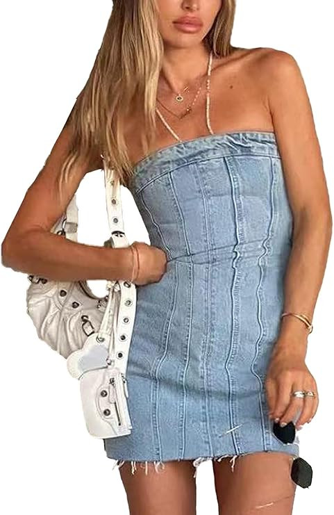 Sexy Denim Strapless Dresses for Women Y2K Jeans Corset Backless Tube Bodycon Mini Dress Clubwear | Amazon (US)