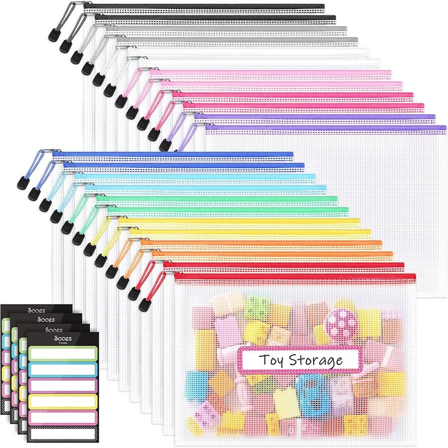 Sooez 24 Pack Mesh Zipper Pouch with Sticky Labels, A4 Mesh Bags, Toy Storage Board Game Puzzles ... | Amazon (US)