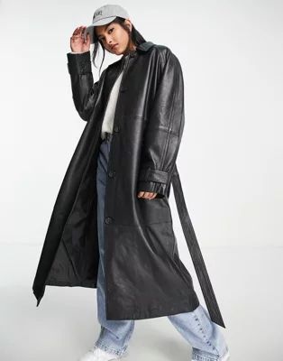 ASOS DESIGN leather trench coat in black | ASOS (Global)