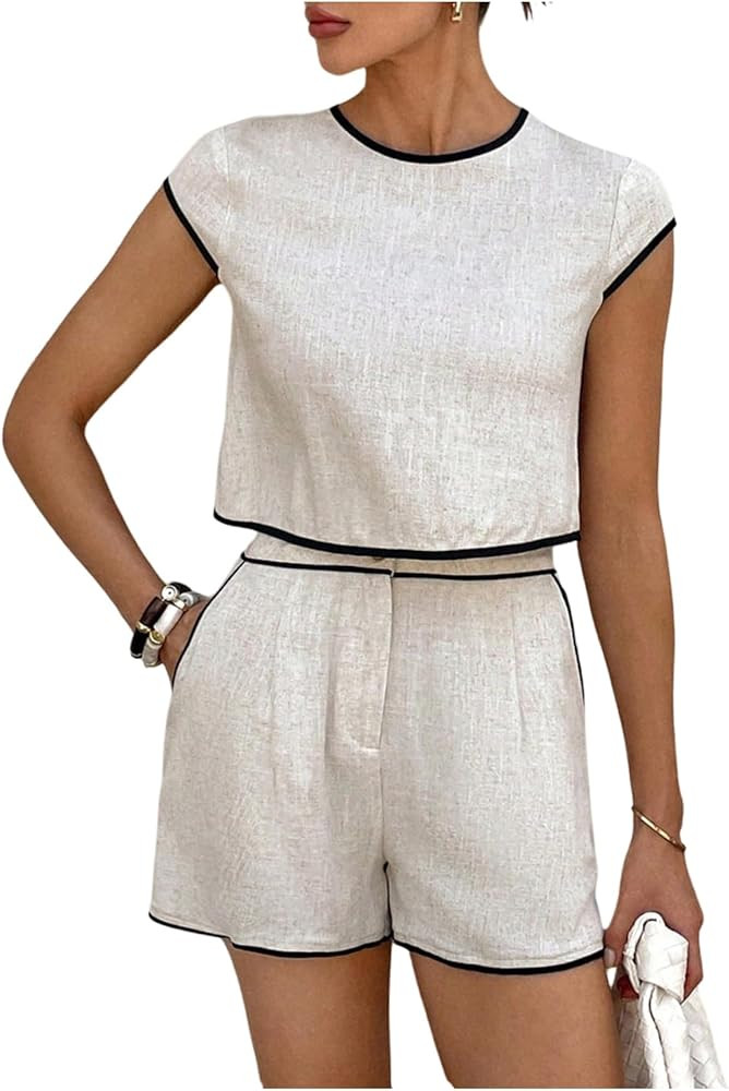 OYOANGLE Women's Two Piece Shorts Set Keyhole Back Crop Shirt Zipper Fly Shorts Business Casual Outfits | Amazon (US)