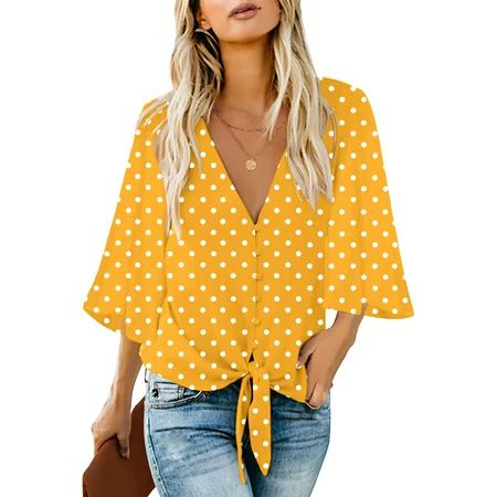 Vetinee Women s Summer V Neck Blouses Flowy Button Down Shirts Yellow Polka Dot Tops Size L Fit Size | Walmart (US)