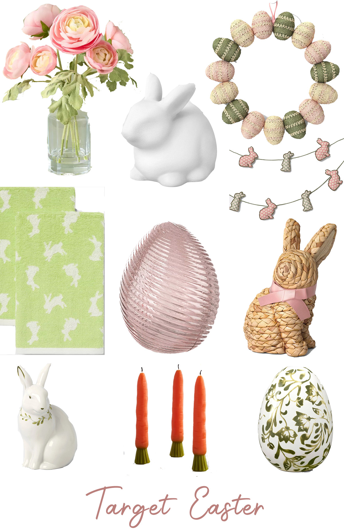 Target Easter Decor

Target’s Easter collection leans into a soft, cheerful spring palette with a mix of playful and minimalist touches. Pastel pinks, fresh greens, and natural textures create a light, airy aesthetic that feels both modern and approachable. Ceramic bunnies, delicate floral arrangements, and softly ribbed glass eggs add subtle elegance, while woven materials, carrot motifs, and bunny silhouettes keep the look whimsical and family-friendly. This collection blends cottagecore charm with clean, contemporary styling. And the best part? Everything is under $25! 

 #LTKSeasonal #LTKHome