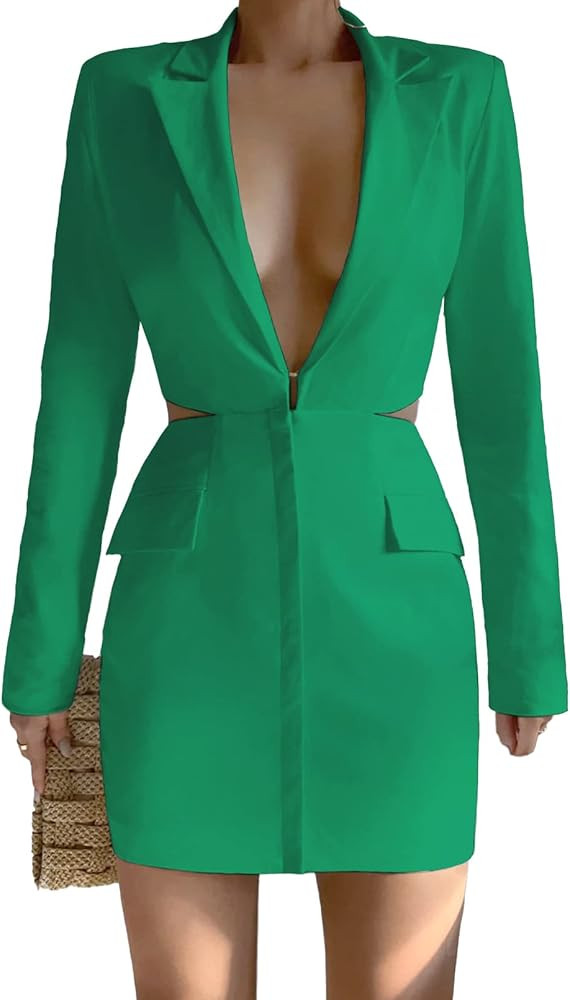 ARTFREE Women's Long Sleeve Blazer Dress Elegant Sexy Deep V Neck Lapel Casual Cutout Mini Dresse... | Amazon (US)