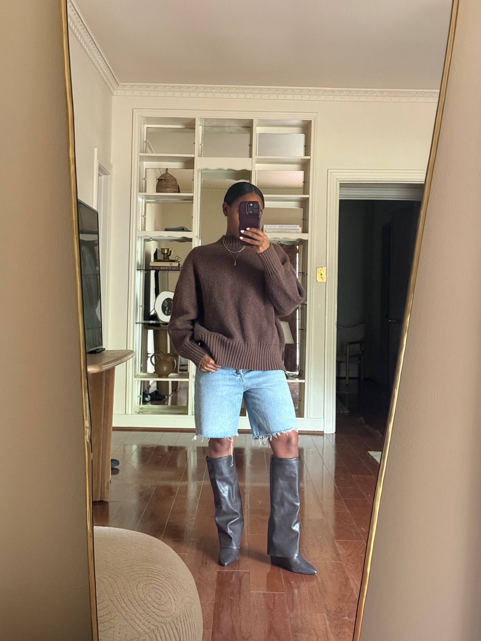 Today's outfit of the day 
Long shorts, brown sweater, boots 

#LTKPetite #LTKootd