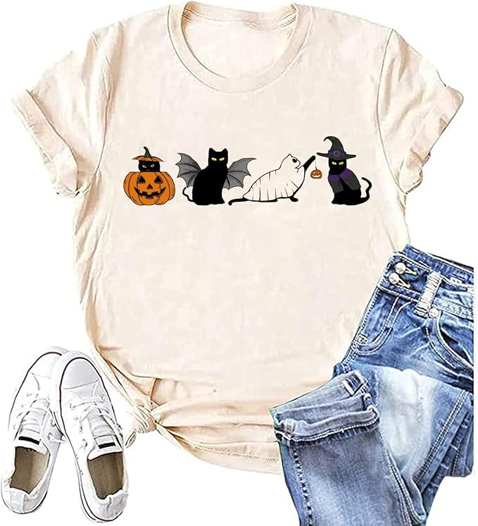 Halloween Ghost Cat Shirt Women Cat Lover T-Shirt Gift Spooky Black Cat Graphic Tees Short Sleeve... | Amazon (US)
