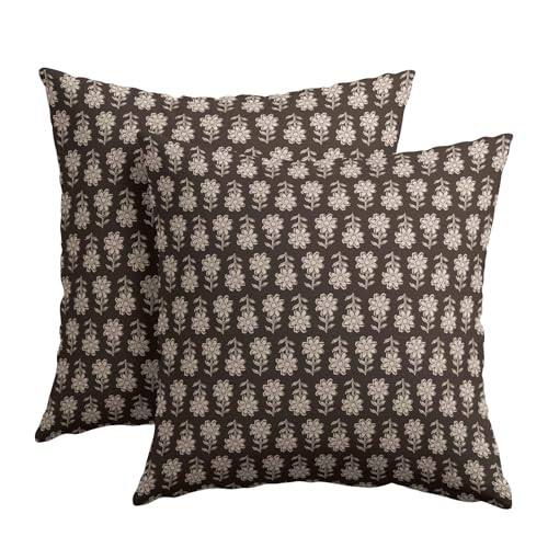 Kawani Vintage Pillow Covers 22x22 Inch Set of 2 Dark Brown Floral Block Print Outdoor Decorative Throw Pillows Neutral Pattern Pillowcases Square Cushion Covers for Couch Home Decor | Amazon (CA)