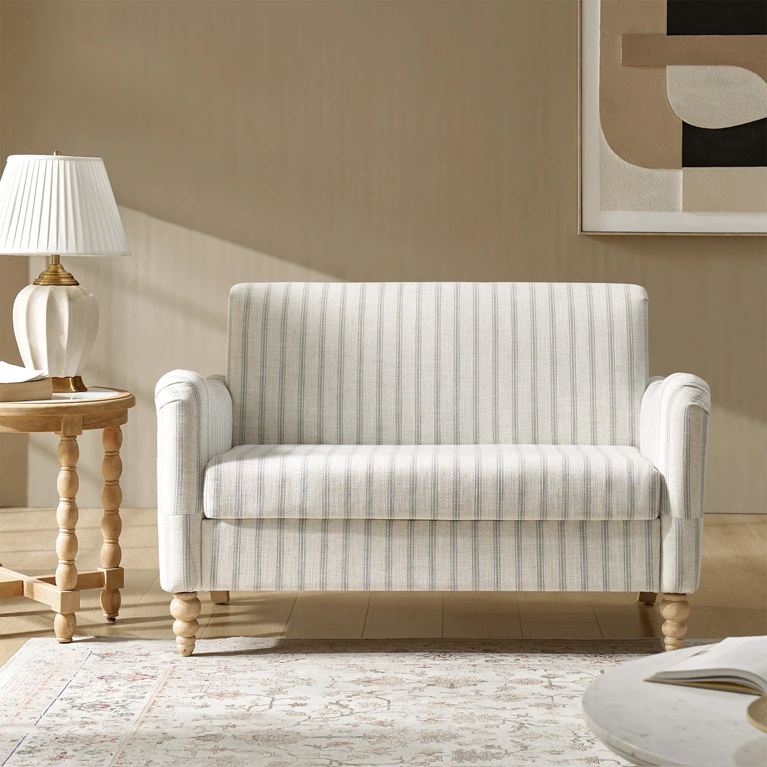 Terren 50.5"W Farmhouse Linen Upholstery Loveseat With Solid Wood Spindle Legs | Wayfair North America