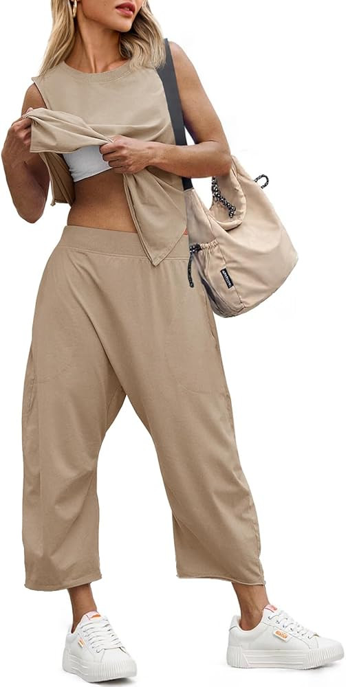 Fisoew Women's Summer 2 Piece Outfits Sleeveless Tank Tops and Wide Leg Pocketed Pants Workout Sw... | Amazon (US)