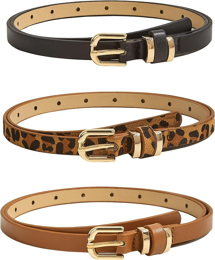 3 Pack Skinny Women Faux Leather Belt for Jeans Ladies Solid Color Thin Waist Belt Leopard Print ... | Amazon (US)