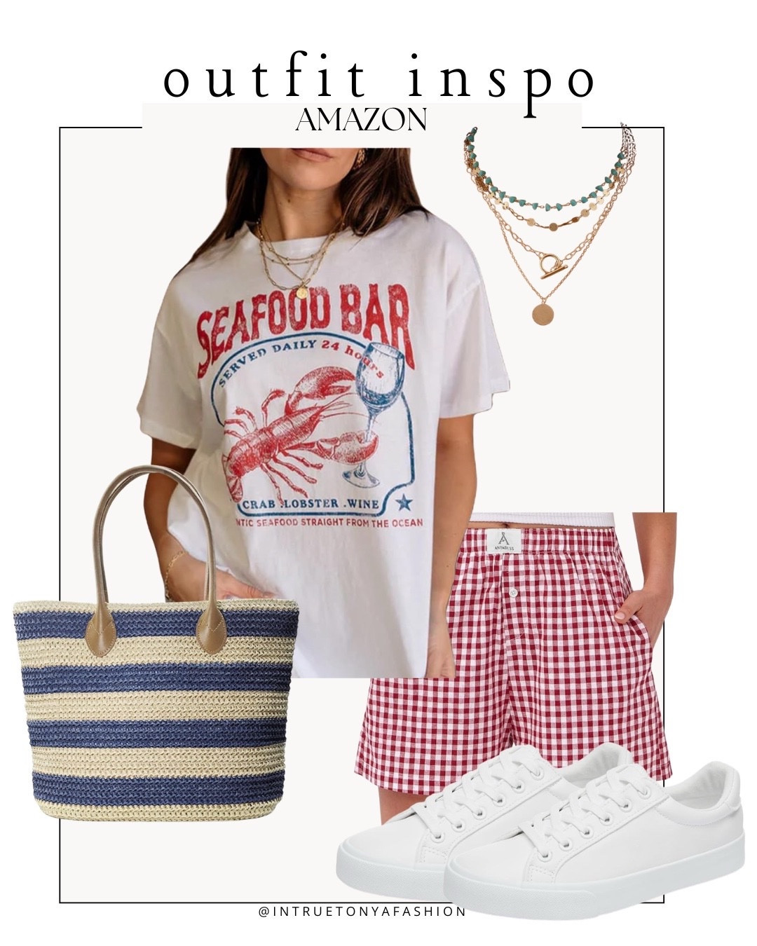 Coastal lobster graphic tee, red and white boxer shorts, striped tote bag, white sneakers and stacked necklaces, all from amazon 







Amazon outfits every outfit inspo, outfit ideas, casual outfits amazon, amazon outfits every day, spring outfits 2026, summer outfits

#LTKPetite #LTKootd #LTKSaleAlert