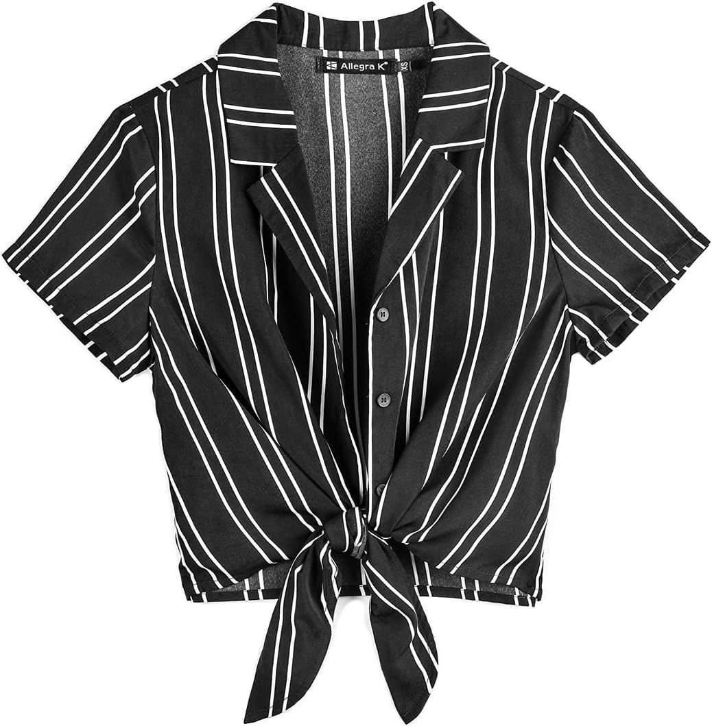 Allegra K Women's Striped Button Up Lapel Collar Top Short Sleeve Tie Front Crop Shirt | Amazon (US)