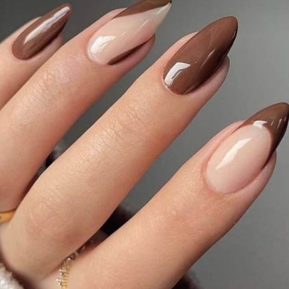 Press on Nails Short Almond Shape, Brown French Tips Fake Nails Medium Oval Coffee Glue on Nails ... | Amazon (US)