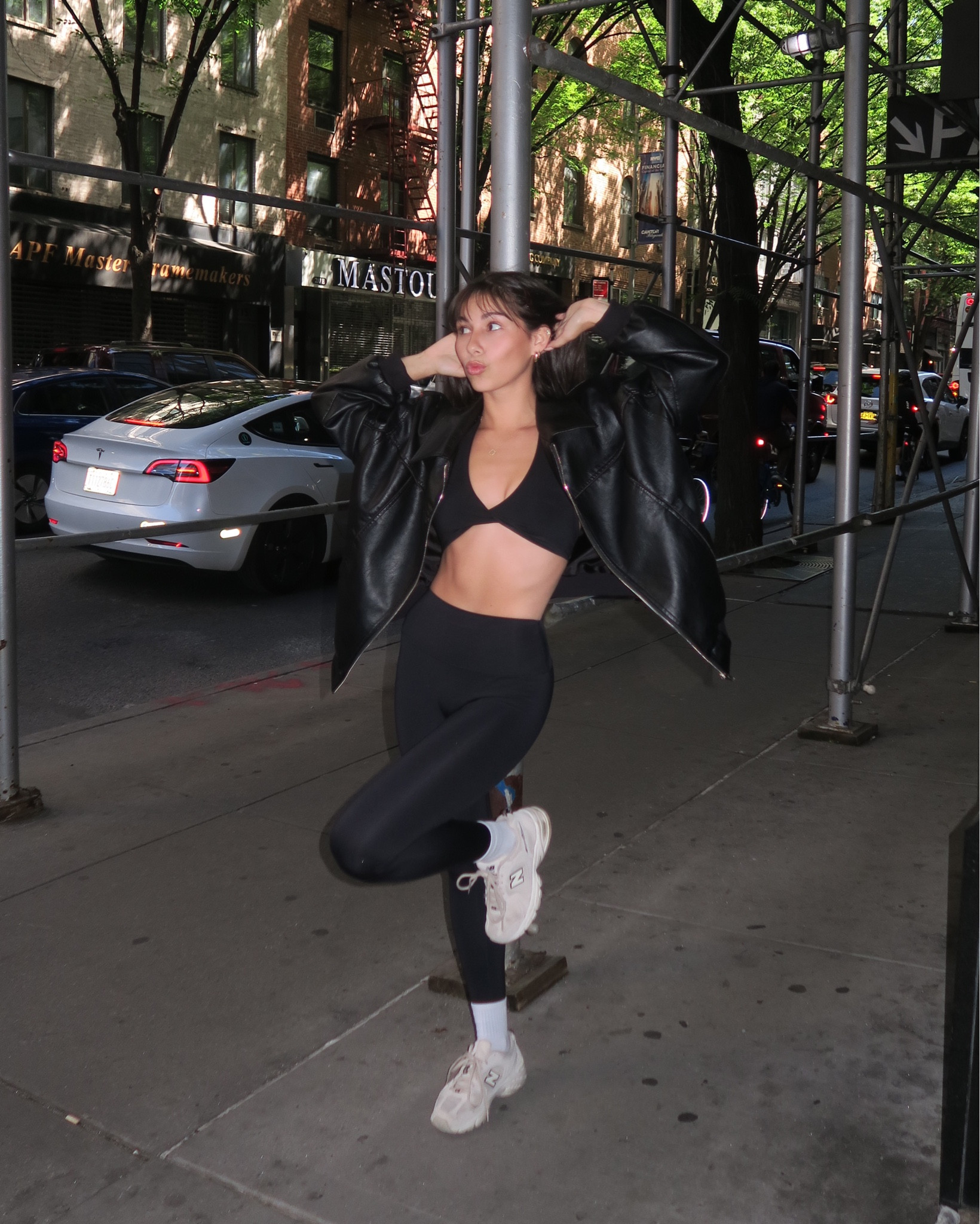 My favorite workout set but dressed up to walk around the city with a leather jacket and my new balances. 

Jacket size 0
Sports bra XS
Leggings XS
Shoes 6

#LTKFitness #LTKActive