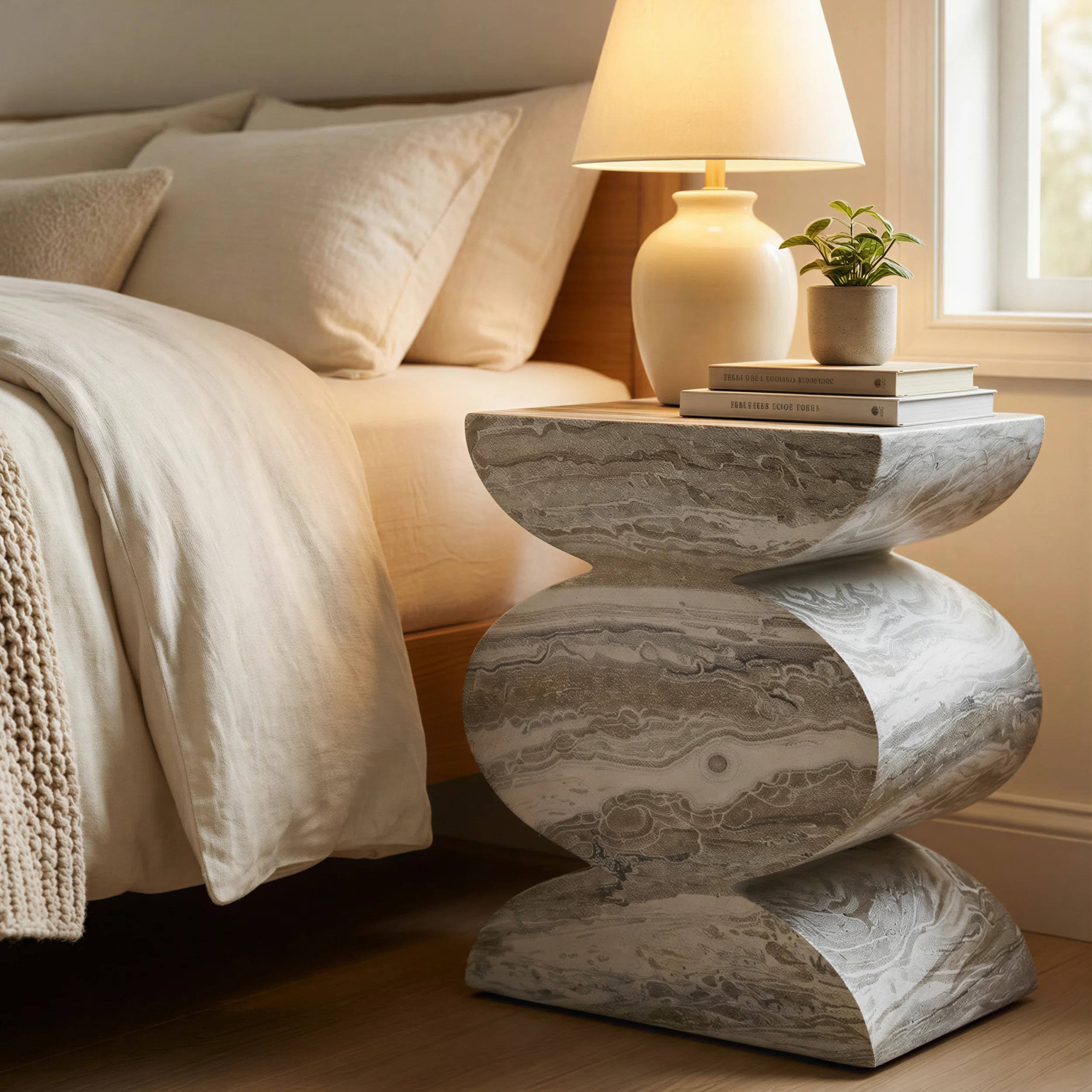 Trudi Grey Side Table Faux Marble Effect Concrete Stool Indoor Outdoor Weatherproof End Table Mod... | Wayfair North America