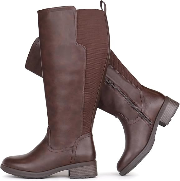 Chicblooms Damen-Stiefel mit weitem Schaft, kniehoch, Stretch, flach, niedriger Absatz | Amazon (DE)