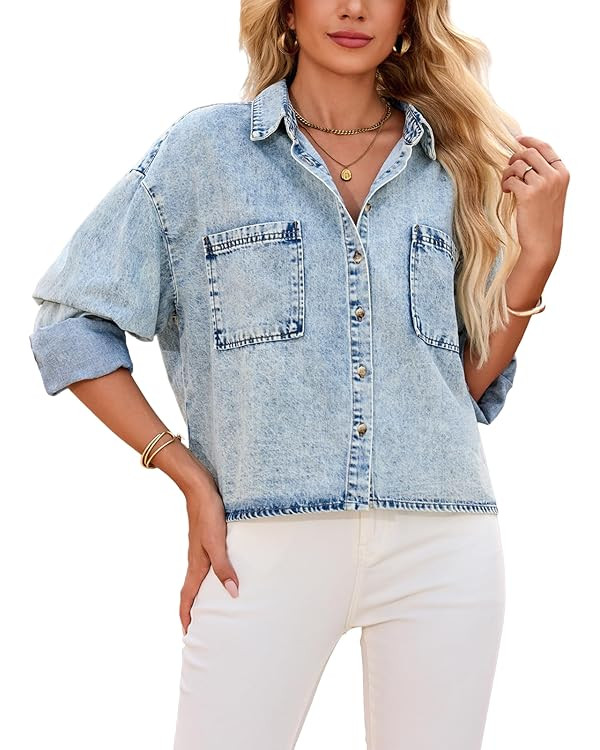 Women's Cropped Denim Shirt Long Sleeve Button Down Jean Blouse with Pockets, Comfort Fit Casual ... | Amazon (US)