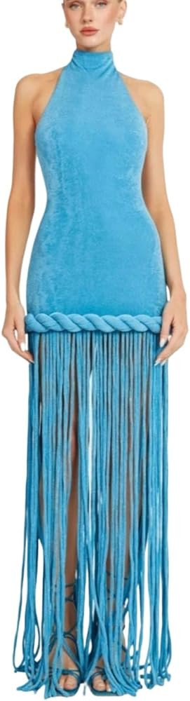 Women's Elegant Open Collar Embroidered Velvet Sleeveless Twisted Tassel Long Dress | Amazon (US)