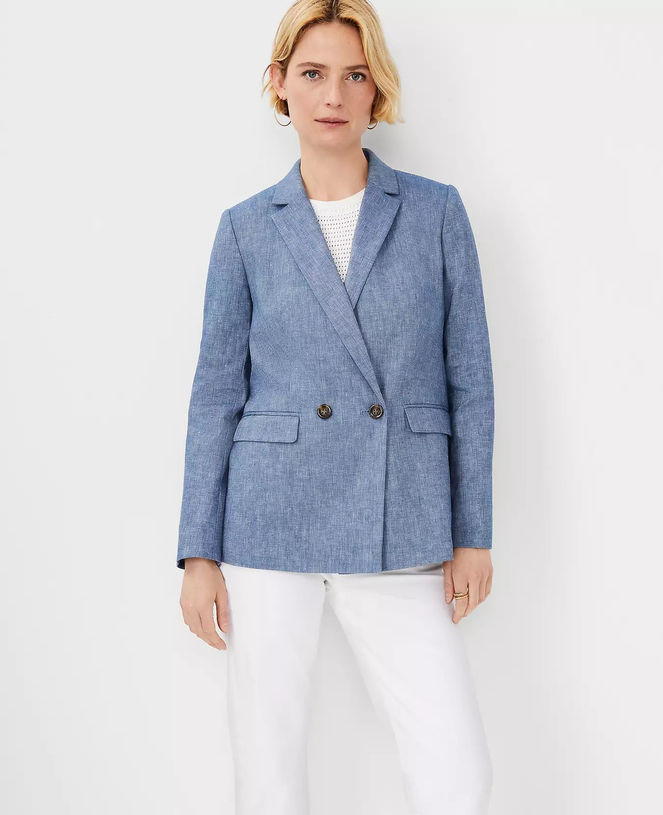 The Relaxed Double Breasted Long Blazer in Linen Cotton Chambray | Ann Taylor (US)