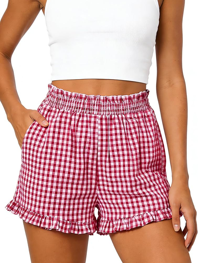 Womens Ruffle Boxer Shorts Gingham Pajama Shorts with Pockets Lounge Sleep Shorts Summer Causal O... | Amazon (US)