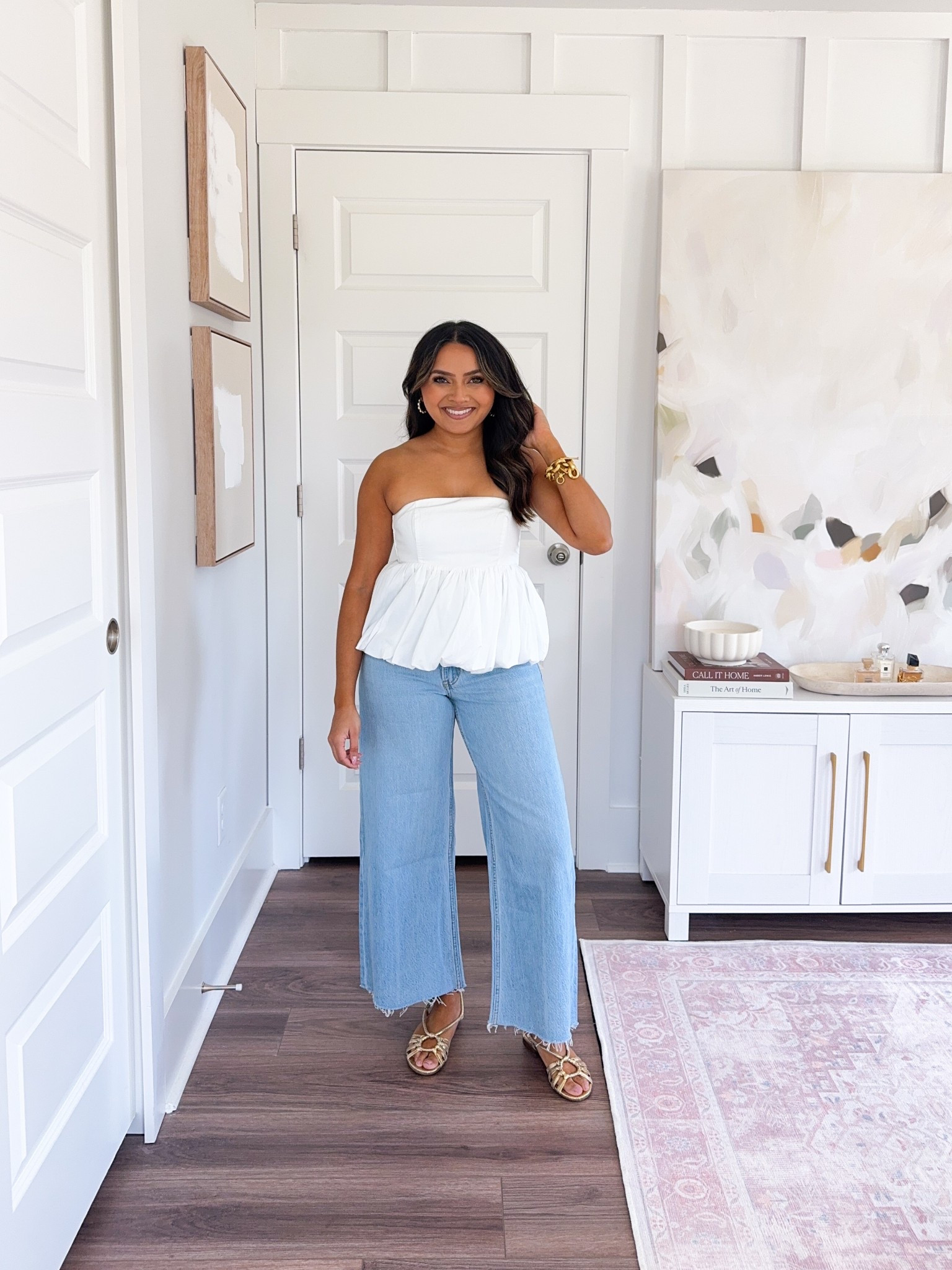 White peplum strapless top size xxs TTS
Raw hem jeans size 26 extra short
Gold sandals size 5 TTS 


#LTKSaleAlert #LTKStyleTip #LTKPetite