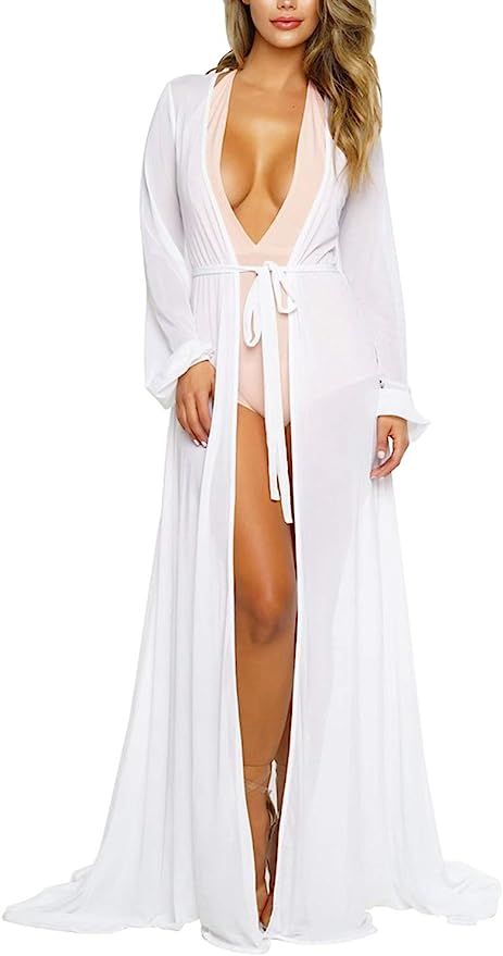 Women's Sexy Thin Mesh Long Sleeve Tie Front Swimsuit Swim Beach Maxi Cover Up Dress | Amazon (US)