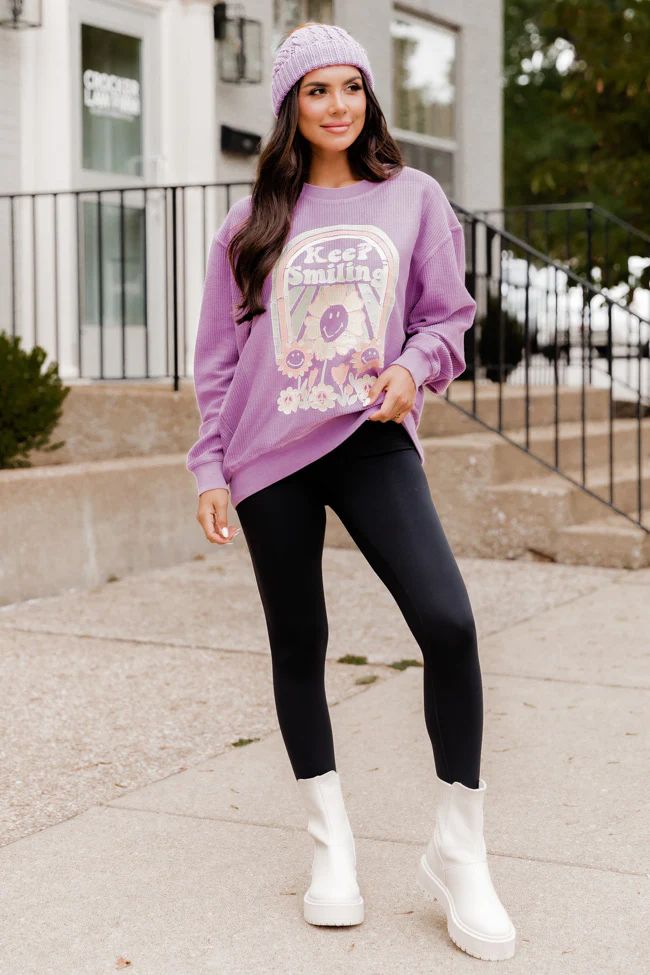 Keep Smiling Purple Corded Graphic Sweatshirt | Pink Lily