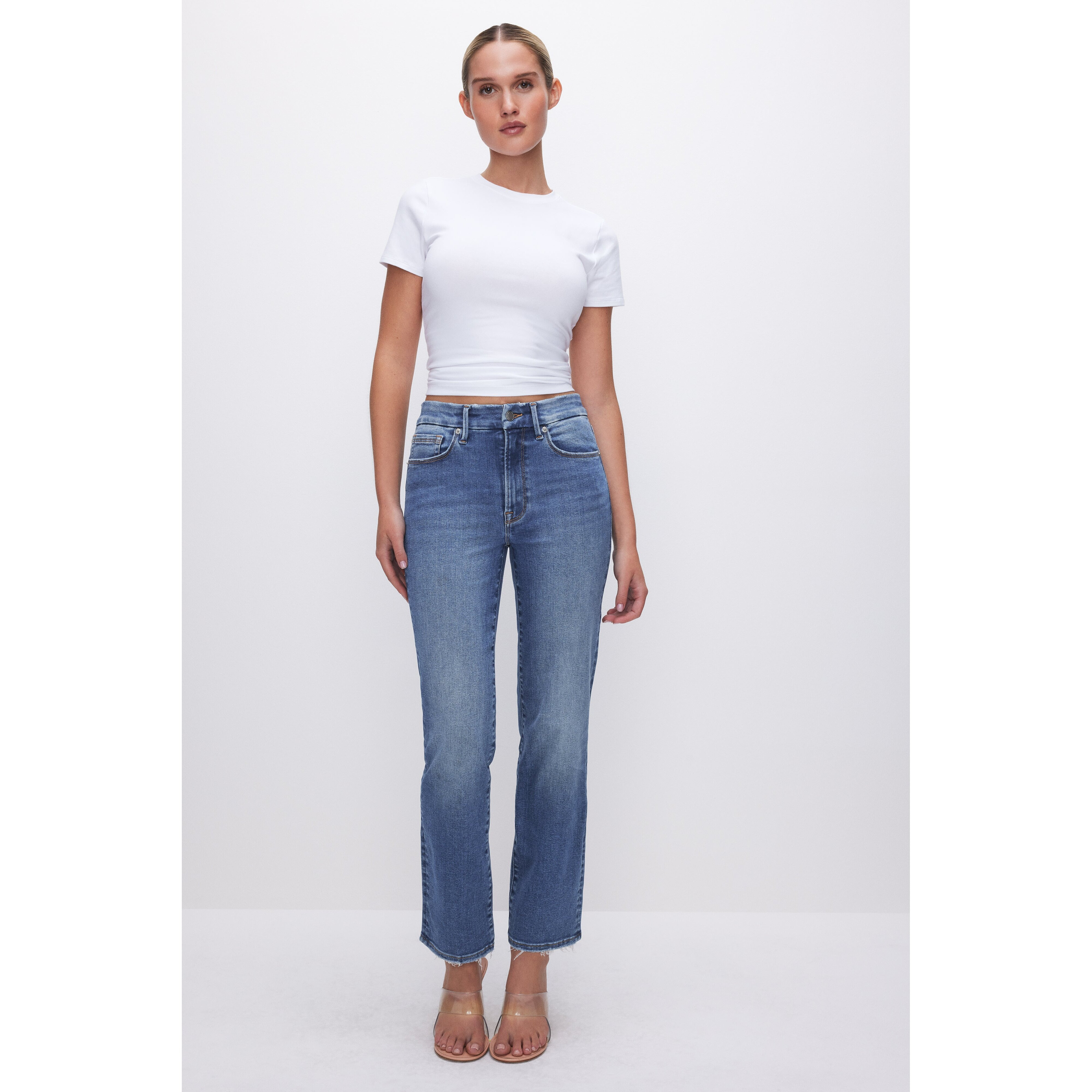 Women's Always Fits Good Legs Straight Jeans | Extra Stretch, Flat Tummy Tech, Gap-Proof Waistband | Indigo, Size 6-12 | Good Am | Good American