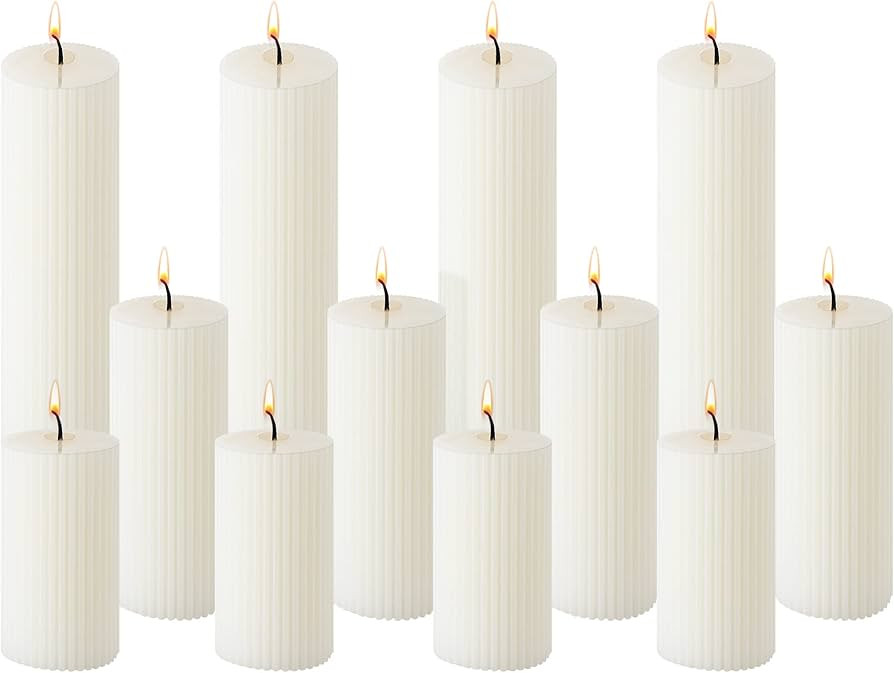Set of 12 Ribbed Pillar Candles Soy Wax Home Decor Modern White Candles with Cotton Wick for Wedd... | Amazon (US)