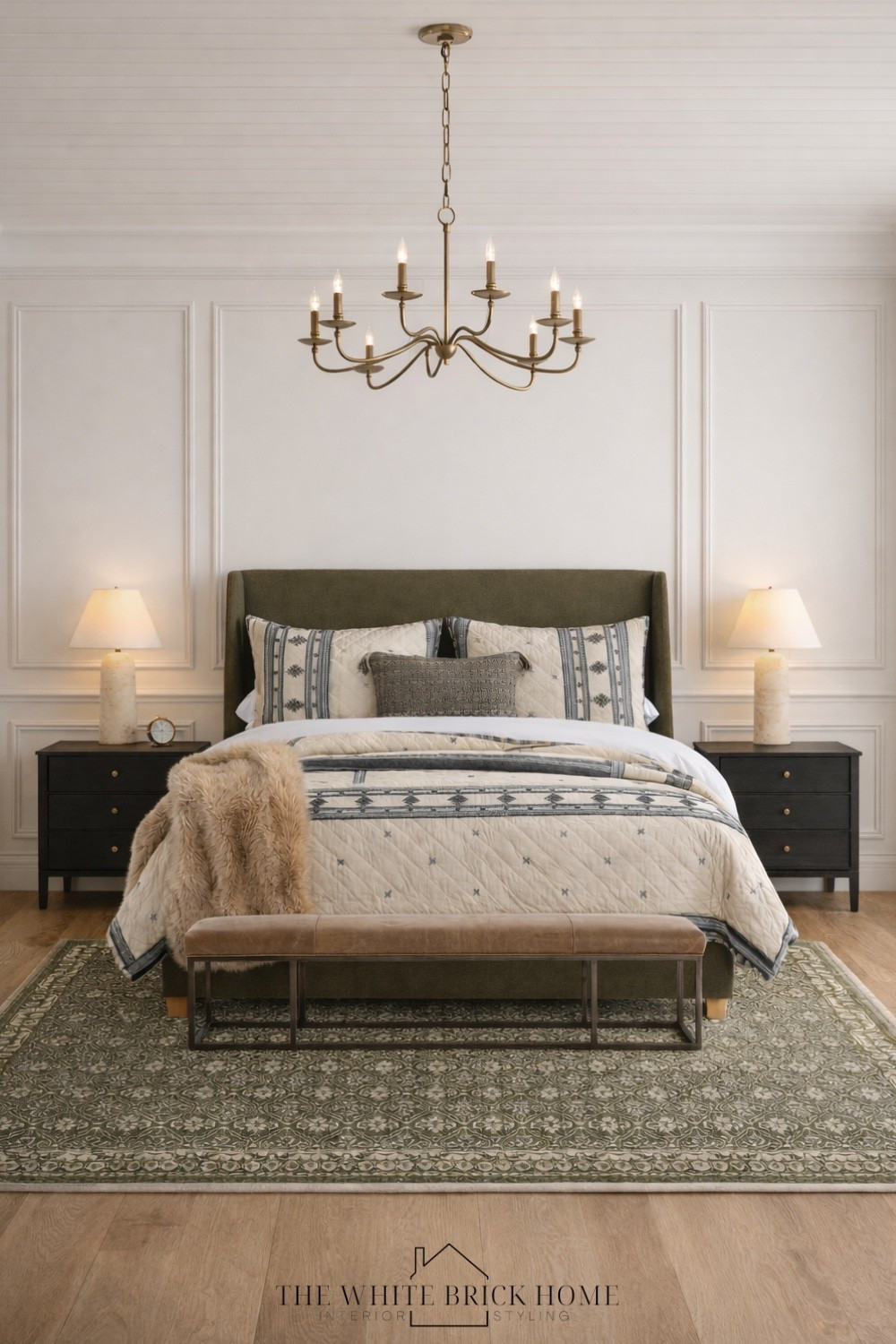 Timeless and cozy - this bedroom blends classic picture molding and warm brass accents for a refined retreat that will never go out of style. 
🖤🖤
Bed, bedroom, bedroom decor, bedroom design, bedroom furniture, bedroom lighting, bedding, area rug, green bedroom, green bed, cozy bedroom design, cozy room, bedroom furniture, nightstand, table lamp, lamp, home design, home decor ideas, pottery barn, McGee and co 


#LTKSaleAlert #LTKHome #LTKSeasonal