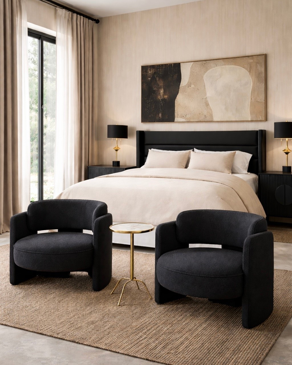 These sculptural black chairs paired with warm textures and soft bedding give major high-end hotel vibes — without the designer price tag.

#LTKSpringSale #LTKHome #LTKSaleAlert