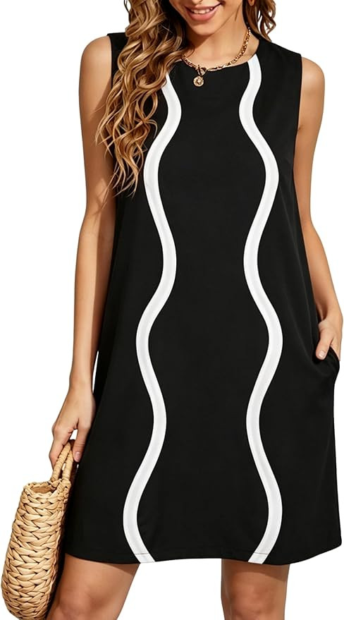 Womens Casual Crewneck Sleeveless Shift Summer Dress Color Block A line Mini Dress Lightweight Be... | Amazon (US)