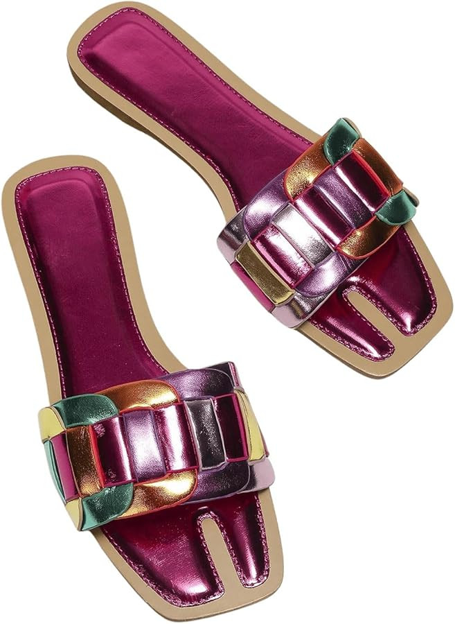 Verdusa Women's Open Toe Color Block Sandals Slip on Metallic Outdoor Slides | Amazon (US)