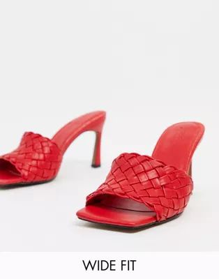 ASOS DESIGN Wide Fit Hattie mid-heeled mule sandals in red weave | ASOS (Global)
