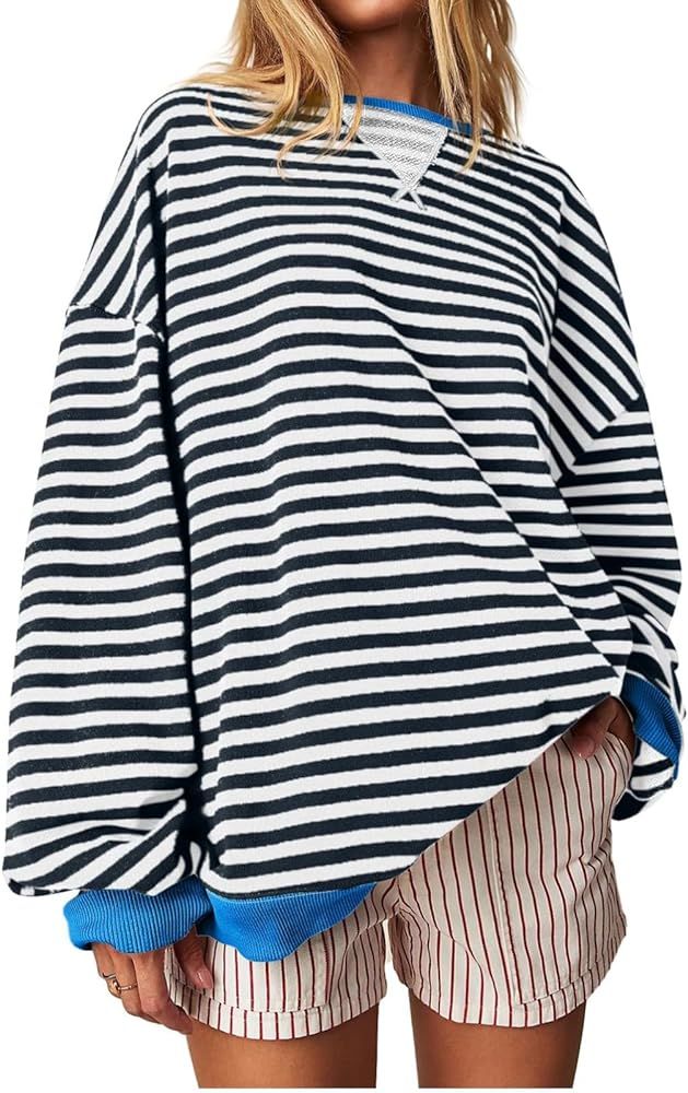 Women Free Crew Neck Sweatshirts Women Classic Striped Oversized Crewneck Long Sleeve Casual Swea... | Amazon (US)