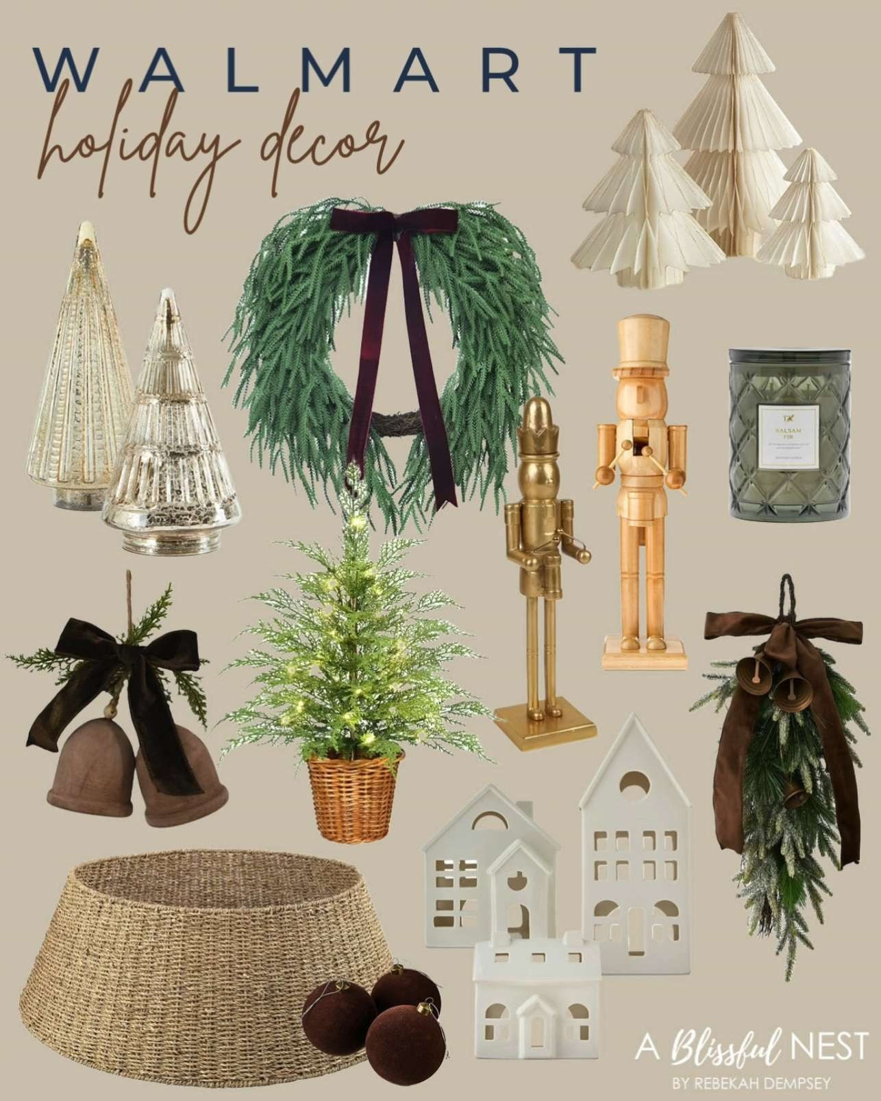 Walmart has all the cozy holiday vibes you need to deck your halls this season. Shop now!
wooden drummer nutcracker, pre-lit green cypress artificial Christmas tree, scented candle, dark brown flocked Christmas ornaments, golden Christmas drummer nutcracker, paper Christmas tree tabletop decor, wooden bells with bow, decorative Christmas door swag, glass ribbed Christmas trees, artificial evergreen Christmas wreath, ceramic Christmas houses, woven seagrass Christmas tree collar 

 #LTKHoliday #LTKSeasonal #LTKHome