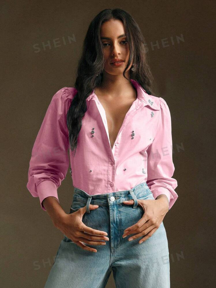 Anewsta Women's Casual Office Rhinestone Embellished  Long Sleeve Shirt | SHEIN