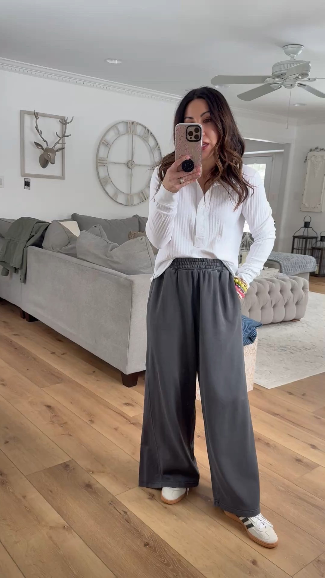 Small Henley. Small short, wide leg sweatpants.

#LTKSaleAlert #LTKOver40 #LTKPetite