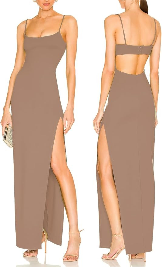 JLCNCUE Women's Sexy Backless Spaghetti Straps Square Neck Maxi Dress Thigh High Slit Bodycon Coc... | Amazon (US)