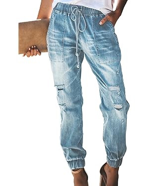 Dokotoo Women's Casual Ripped Distressed Denim Joggers Elastic Drawstring Tie High Waist Boyfrien... | Amazon (US)