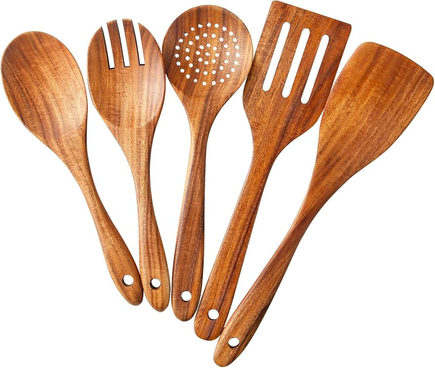 5 Piece Wooden Spoons for Cooking - Natural Finish Wooden Cooking Utensils - Soft Grip Wood Spoon... | Amazon (US)