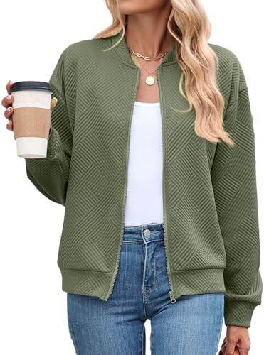Hgyfcnb Womens Bomber Jacket Zip Up Textured Casual Lightweight Trendy Outerwear 2026 Spring Varsity Jackets Armygreen M | Amazon (US)