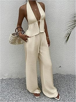 SHENHE Women's Linen Set 2 Piece Outfits Sexy Backless Halter Top Low Rise Palazzo Pants Set | Amazon (US)