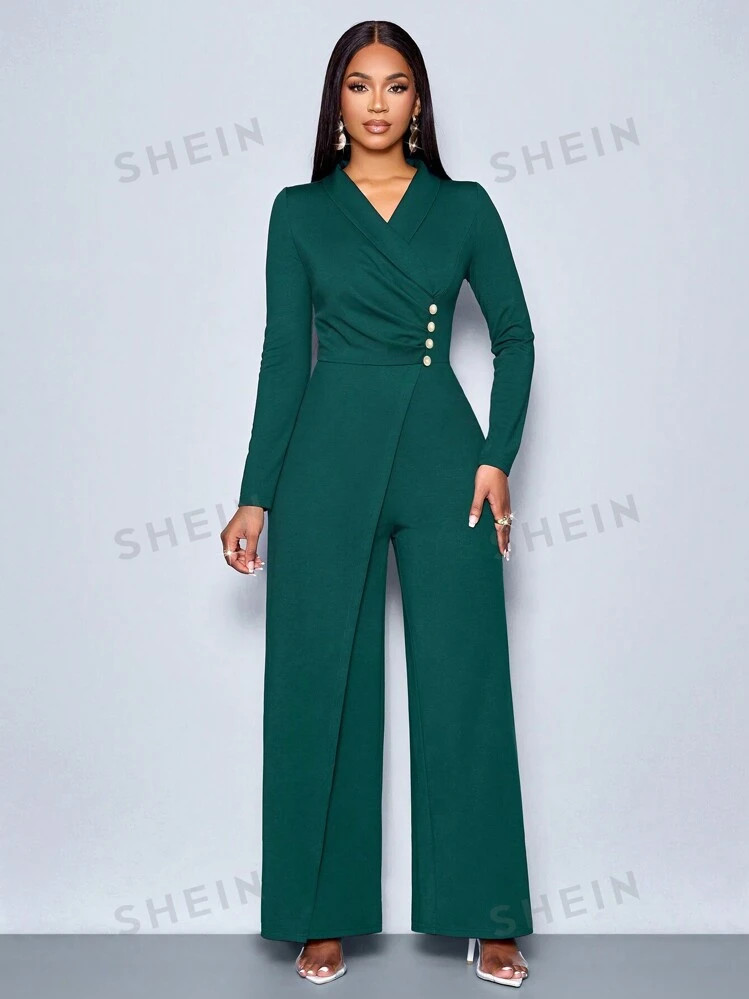 SOLERSUN Women's Elegant Business Wide Leg Jumpsuit With Cross Neck And Pearl Decor Concert Women... | SHEIN