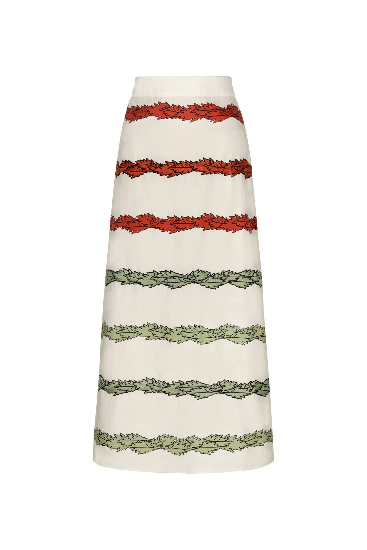 El Carmen Embroidered Cotton Midi Skirt in Ivory Striped Helechos | Over The Moon